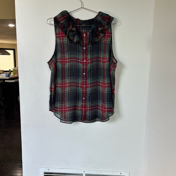 Sold out J. Crew sheer plaid holiday top XXL Sleeveless Blouse Stewart tartan - Picture 8 of 8